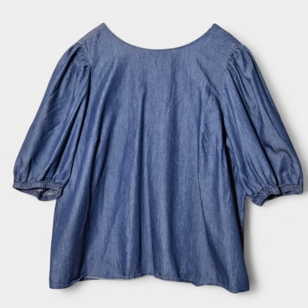 Eloquii Denim Puff Sleeve Blouse Chambray Blue 18 Plus‎ Size Casual Minimalist - Picture 2 of 11